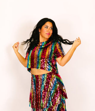 Rainbow Stripe Sequin Crop Top