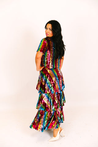 Rainbow Stripe 3-Tiered Sequin Skirt