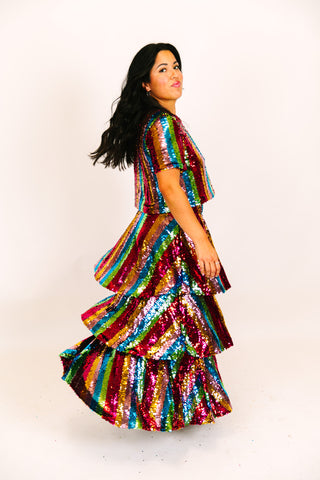 Rainbow Stripe 3-Tiered Sequin Skirt