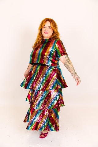 Rainbow Stripe 3-Tiered Sequin Skirt