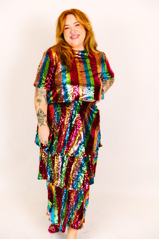 Rainbow Stripe 3-Tiered Sequin Skirt