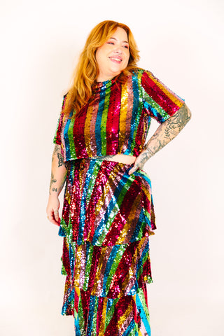 Rainbow Stripe 3-Tiered Sequin Skirt