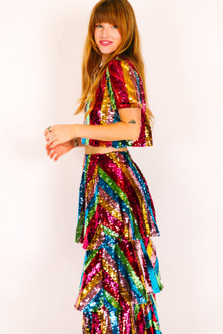 Rainbow Stripe 3-Tiered Sequin Skirt