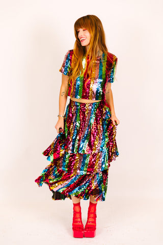 Rainbow Stripe 3-Tiered Sequin Skirt