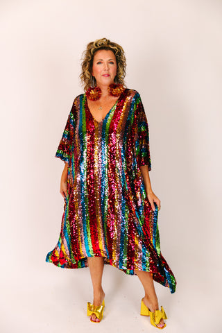 Rainbow Stripe Sequin Mid Caftan