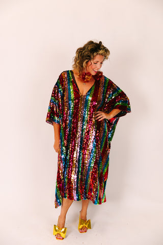 Rainbow Stripe Sequin Mid Caftan