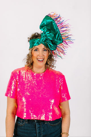 Teal Metallic With Rainbow Ostrich Feathers