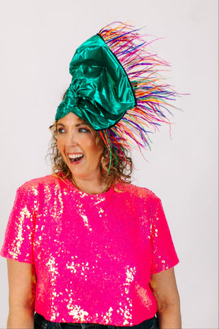 Teal Metallic With Rainbow Ostrich Feathers