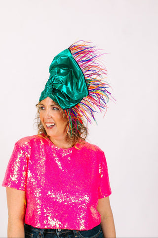 Teal Metallic With Rainbow Ostrich Feathers