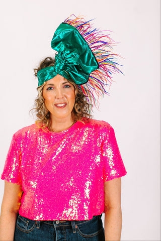 Teal Metallic With Rainbow Ostrich Feathers