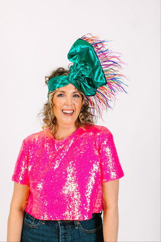 Teal Metallic With Rainbow Ostrich Feathers