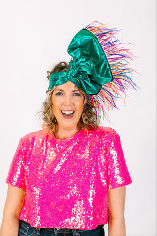 Teal Metallic With Rainbow Ostrich Feathers