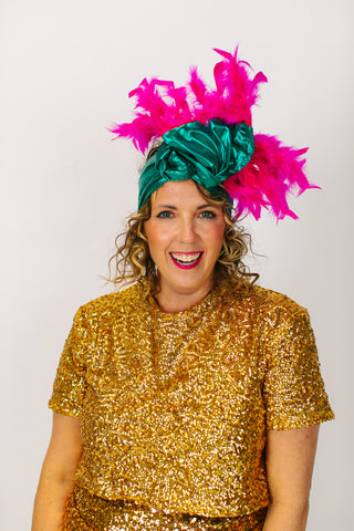 Teal Lame With Short Pink Feathers