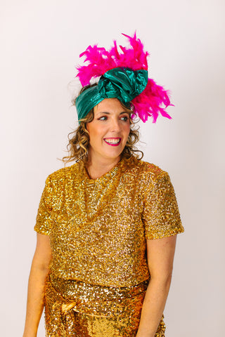 Teal Lame With Short Pink Feathers