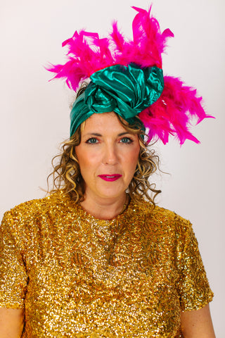 Teal Lame With Short Pink Feathers