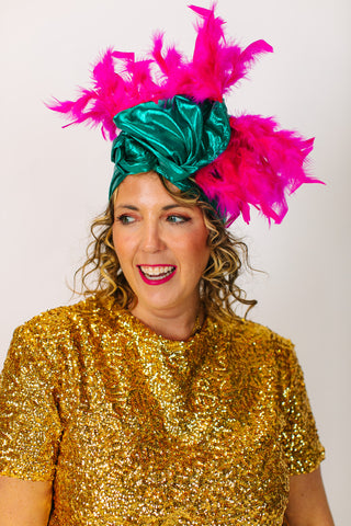 Teal Lame With Short Pink Feathers