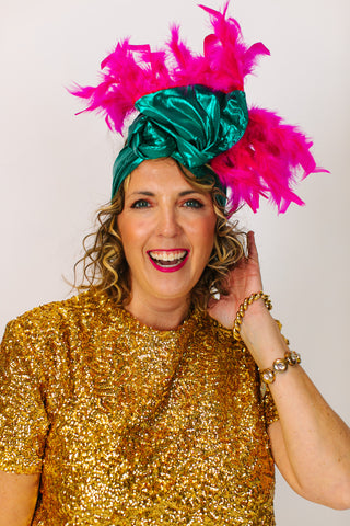 Teal Lame With Short Pink Feathers