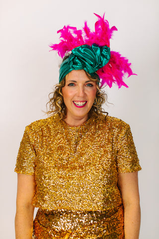 Teal Lame With Short Pink Feathers