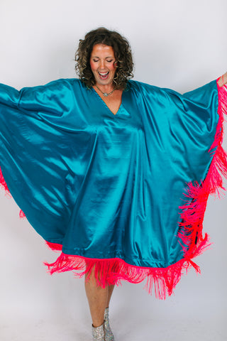 Teal Satin Mid Caftan w/Fringe