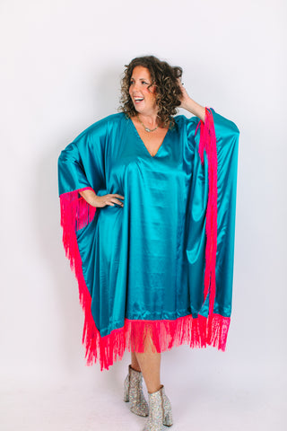 Teal Satin Mid Caftan w/Fringe