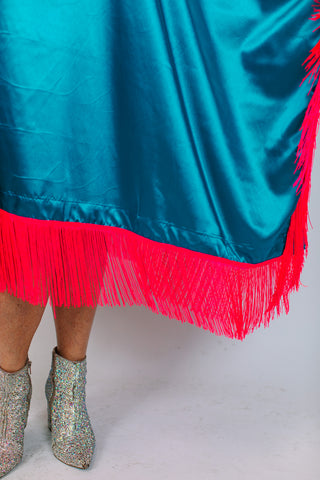 Teal Satin Mid Caftan w/Fringe