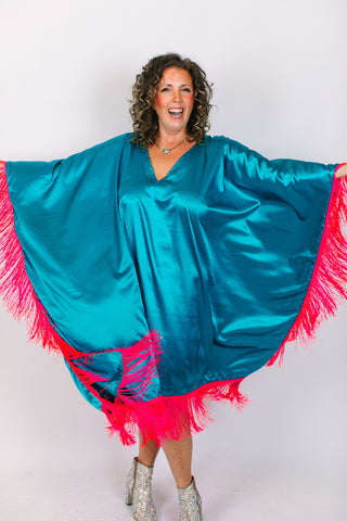 Teal Satin Mid Caftan w/Fringe