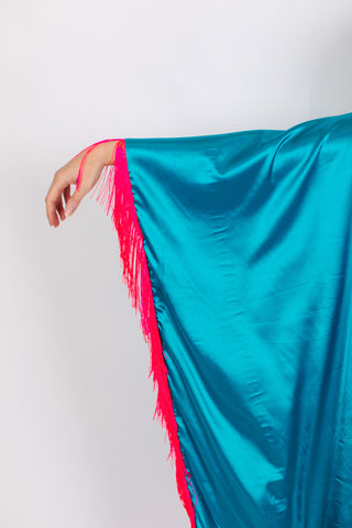 Teal Satin Mid Caftan w/Fringe