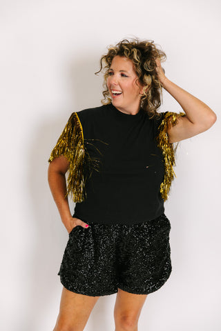 Black Tee With Black & Gold Fringe Party Tee