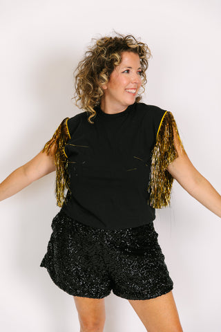 Black Tee With Black & Gold Fringe Party Tee