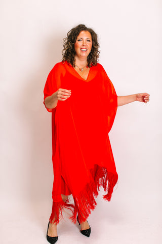 Tomato Sheer Mid Caftan With Fringe