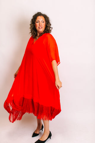 Tomato Sheer Mid Caftan With Fringe