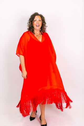 Tomato Sheer Mid Caftan With Fringe