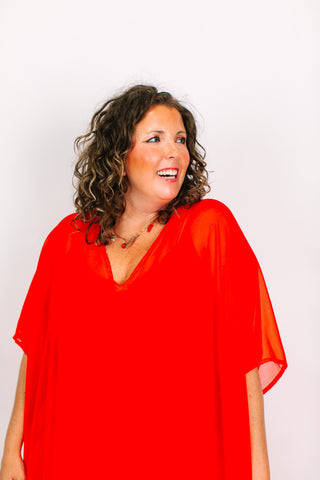 Tomato Sheer Mid Caftan With Fringe