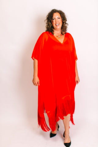 Tomato Sheer Mid Caftan With Fringe