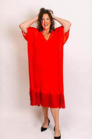 Tomato Sheer Mid Caftan With Fringe