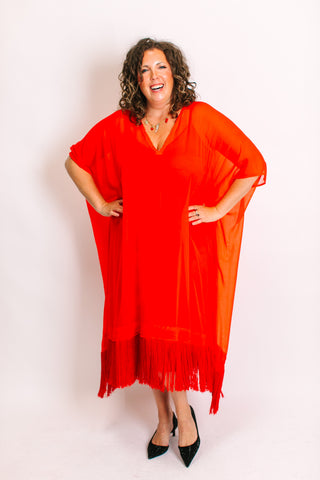 Tomato Sheer Mid Caftan With Fringe