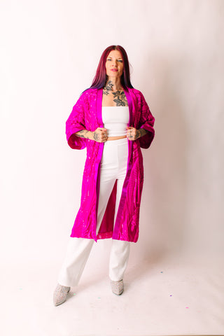 Vibrant Fuchsia Embroidered Duster