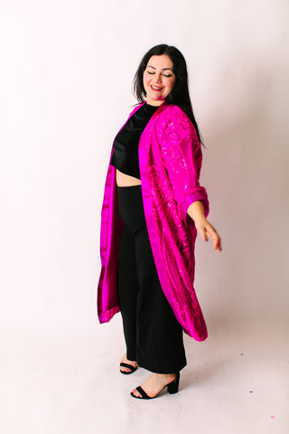 Vibrant Fuchsia Embroidered Duster