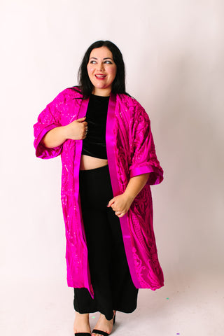 Vibrant Fuchsia Embroidered Duster