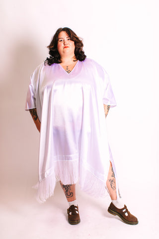 White Satin Mid Caftan w/Fringe