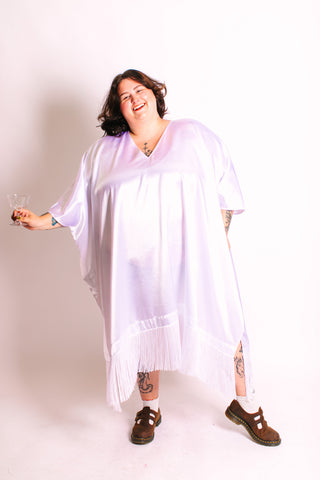 White Satin Mid Caftan w/Fringe