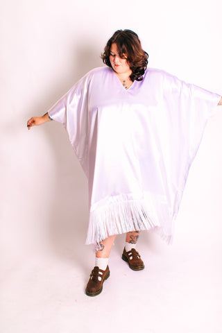 White Satin Mid Caftan w/Fringe