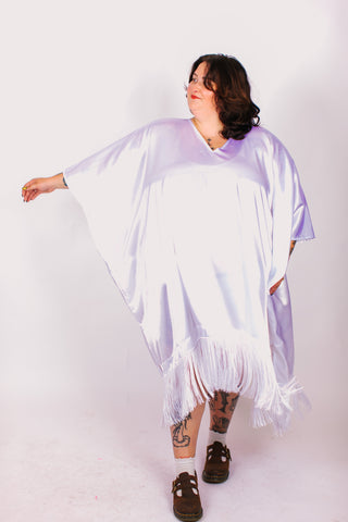 White Satin Mid Caftan w/Fringe
