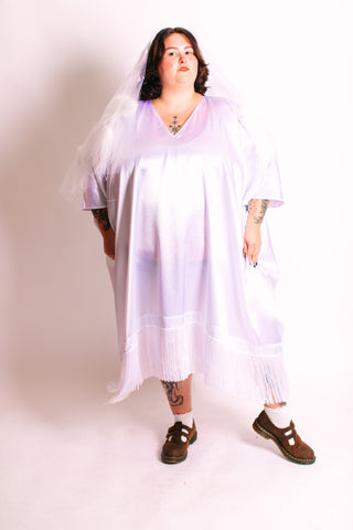 White Satin Mid Caftan w/Fringe