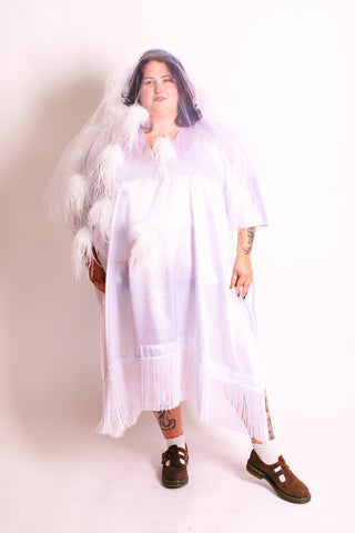 White Satin Mid Caftan w/Fringe