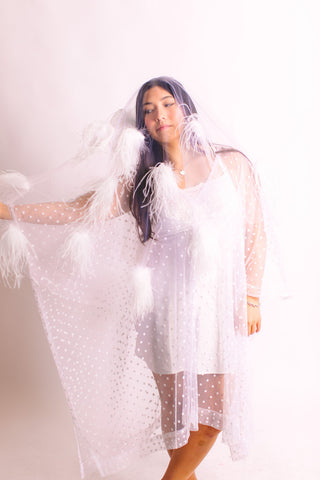 White Tulle White Feather Veil