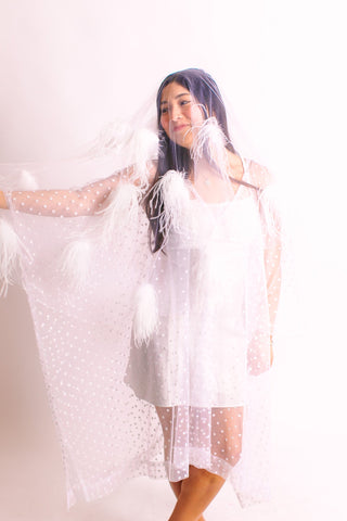 White Tulle White Feather Veil