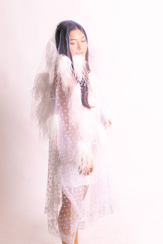 White Tulle White Feather Veil