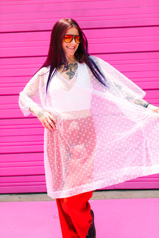White Polka Dot Sheer Mid Caftan
