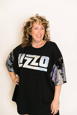 Lizzo Black and Silver Sequin Sleeve Party Tee - Fringe+Co